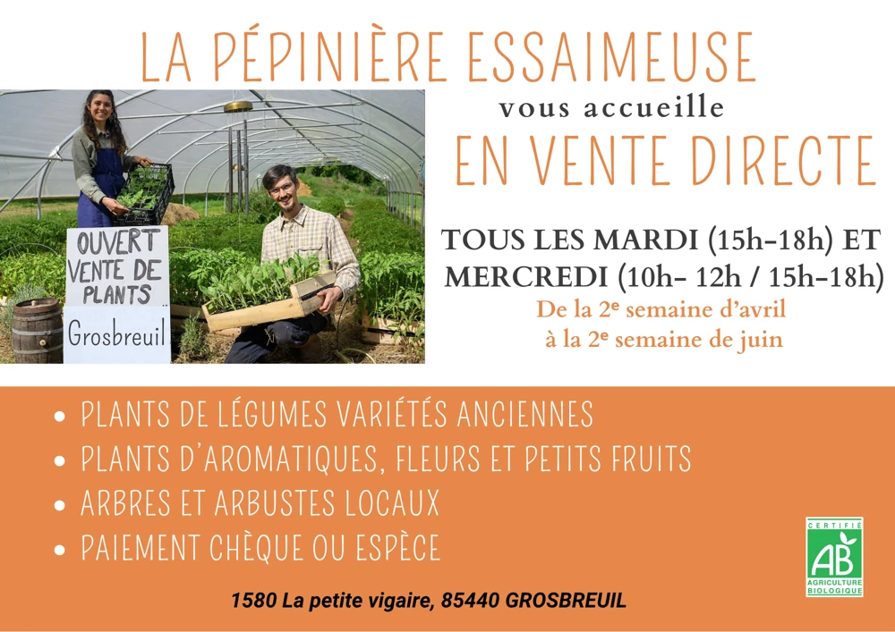 Affiche fournie de la Pépinière Essaimeuse, avec photographie des producteurs